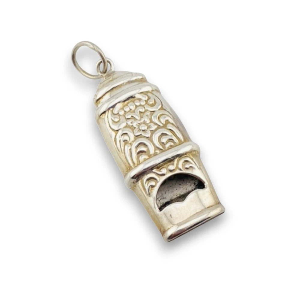 Vintage Sterling Silver Working Whistle Pendant Raised Flowers Scrolls