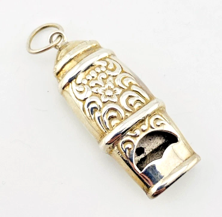 Vintage Sterling Silver Working Whistle Pendant Raised Flowers Scrolls