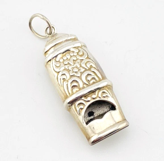 Vintage Sterling Silver Working Whistle Pendant Raised Flowers Scrolls