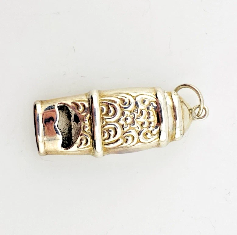 Vintage Sterling Silver Working Whistle Pendant Raised Flowers Scrolls