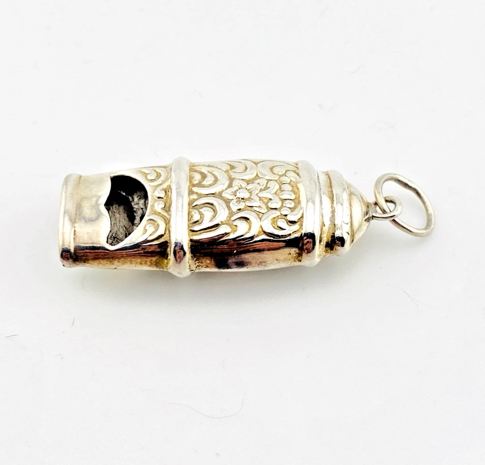 Vintage Sterling Silver Working Whistle Pendant Raised Flowers Scrolls