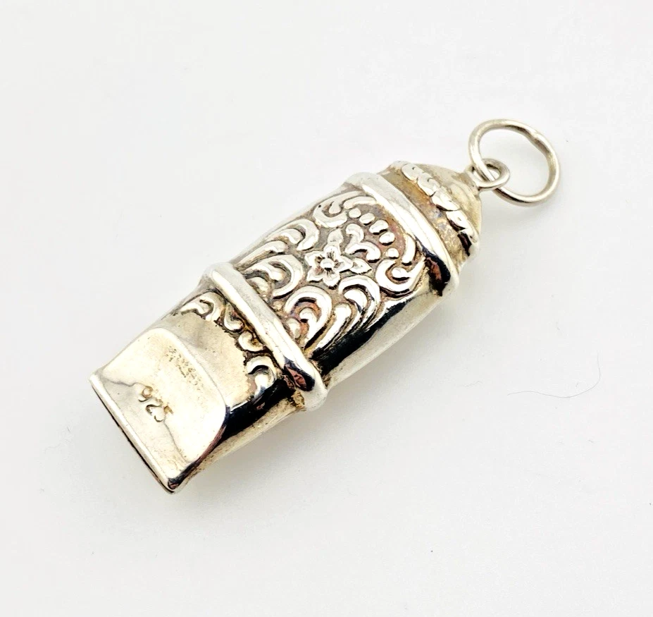 Vintage Sterling Silver Working Whistle Pendant Raised Flowers Scrolls