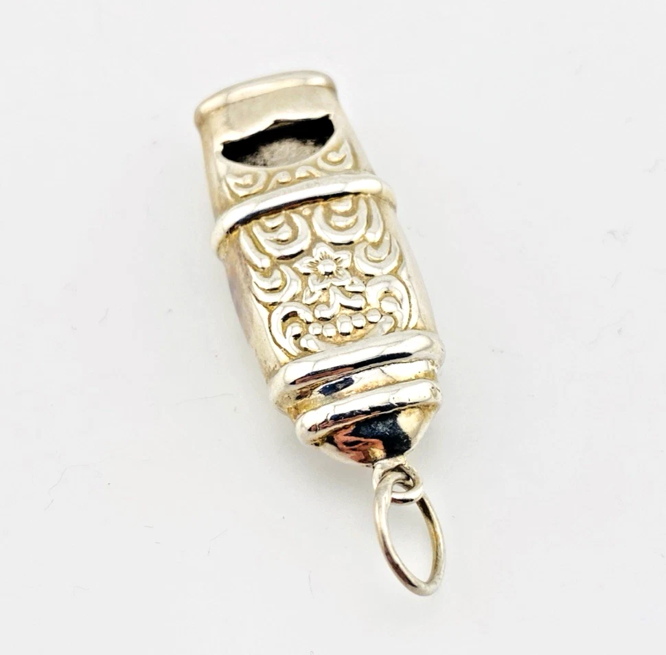 Vintage Sterling Silver Working Whistle Pendant Raised Flowers Scrolls