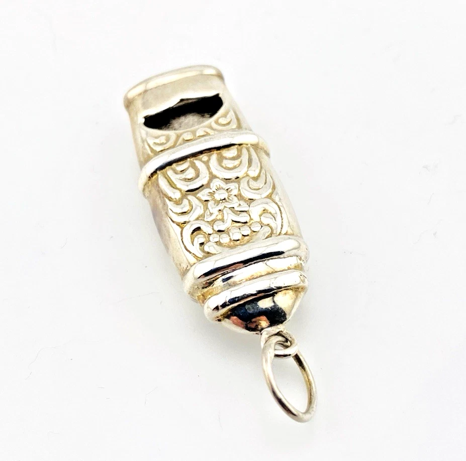 Vintage Sterling Silver Working Whistle Pendant Raised Flowers Scrolls
