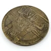 1909 Hudson-Fulton bronze medal showing Robert Fulton’s portrait above three seated allegorical women and a model steamboat.