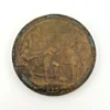 1909 Hudson-Fulton bronze medal showing Robert Fulton’s portrait above three seated allegorical women and a model steamboat.