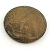 1909 Hudson-Fulton bronze medal showing Robert Fulton’s portrait above three seated allegorical women and a model steamboat.