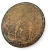 1909 Hudson-Fulton bronze medal showing Robert Fulton’s portrait above three seated allegorical women and a model steamboat.