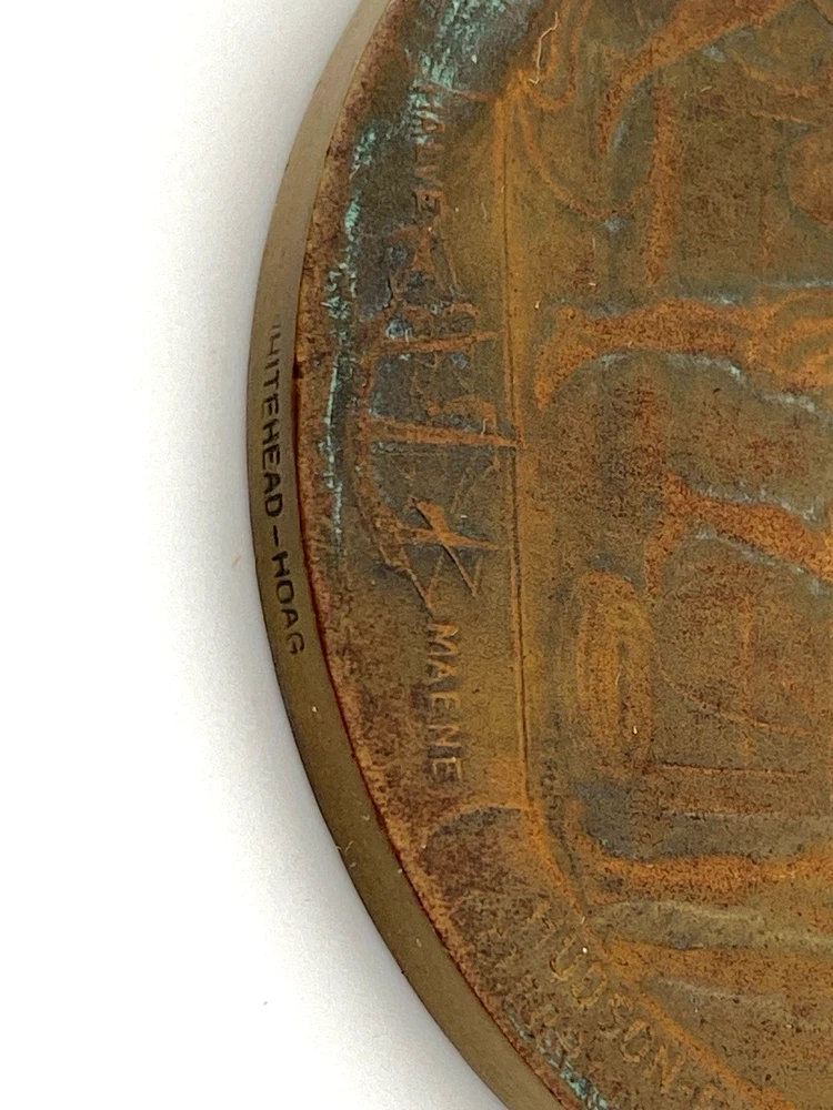 1909 Hudson-Fulton bronze medal showing Robert Fulton’s portrait above three seated allegorical women and a model steamboat.