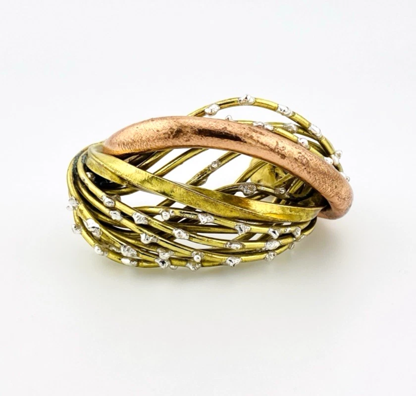 Massive 1980s Brutalist Mixed Metal Cuff Bracelet Hand Wrought Brass Copper 139g