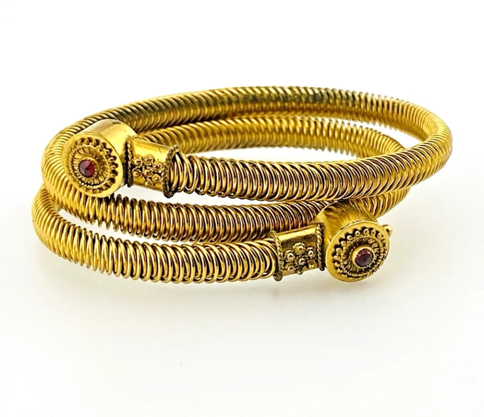 Antique Victorian Gold Filled Wrap Bracelet with Rose-Cut Glass & Byzantine Revival Ends