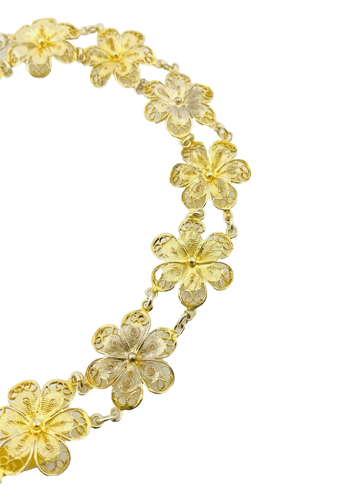 1950s Gold Over 800 Silver Filigree Flower Bracelet — 7.25 Inches