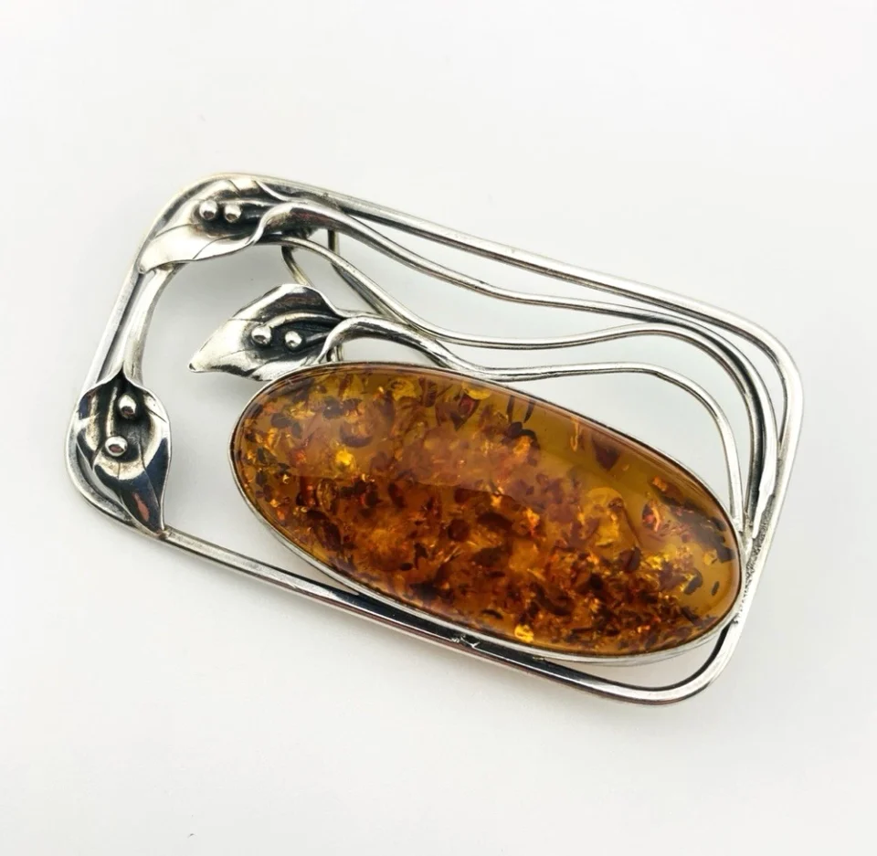Cognac Amber Sterling Silver Calla Lily Brooch 1990s