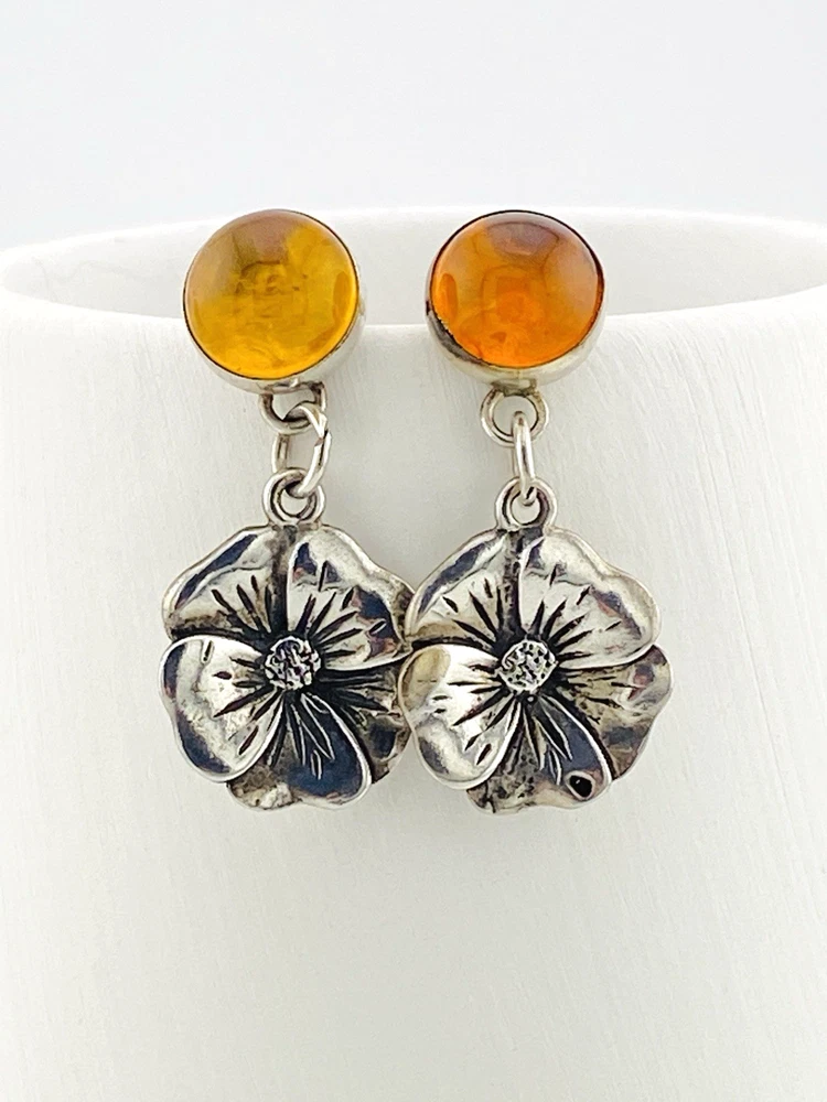 Camrose Alta Amber Sterling Forget Me Not Flower Earrings Vintage