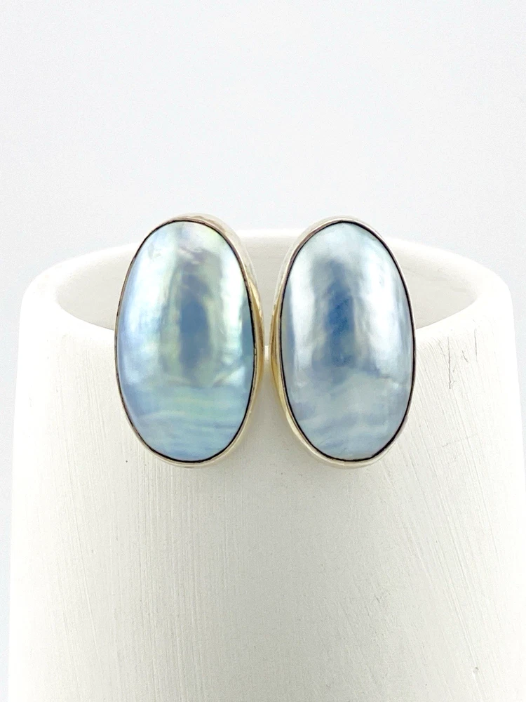 Great Falls Metal Works Blue Mabé Pearl Sterling Silver Clip Earrings