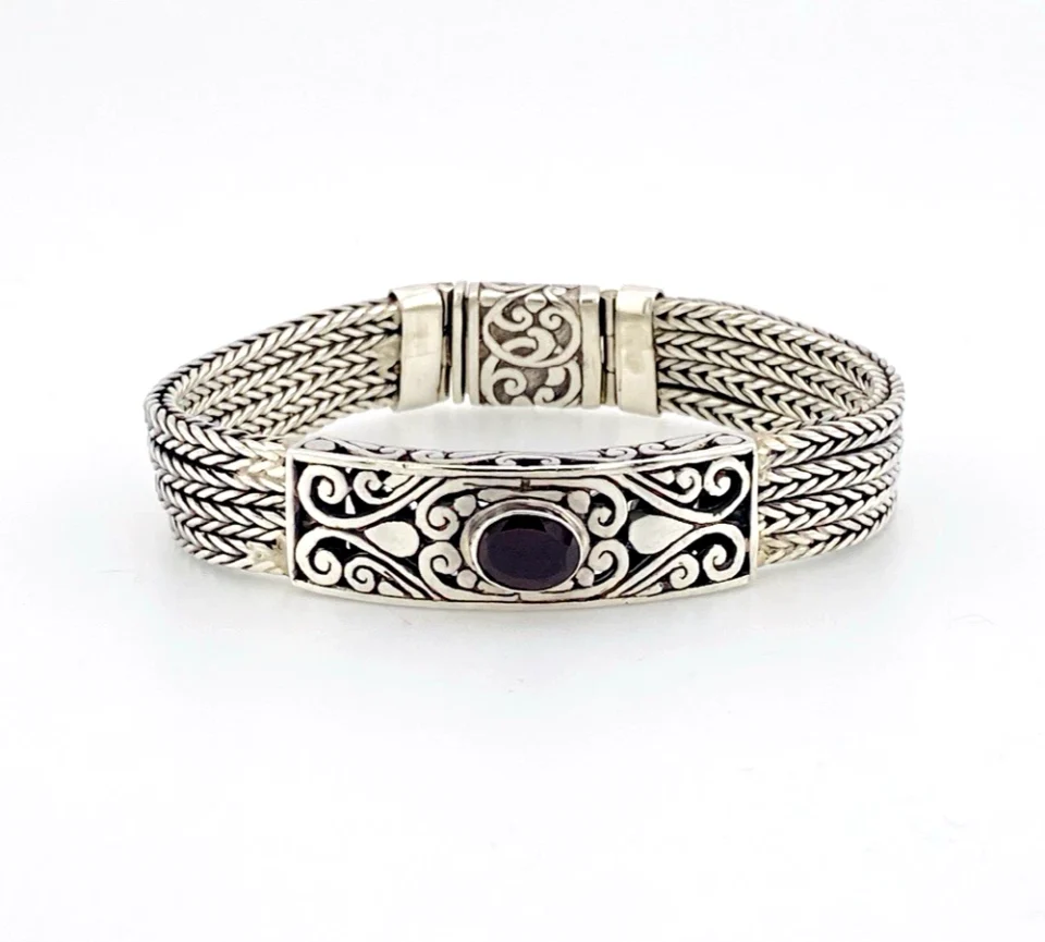 Vintage Bali Sterling Silver Garnet Woven Chain Scroll Bracelet 7.25 Inches