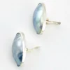 Great Falls Metal Works oval light blue mabé pearl earrings in narrow sterling silver bezels, shown upright from the front.