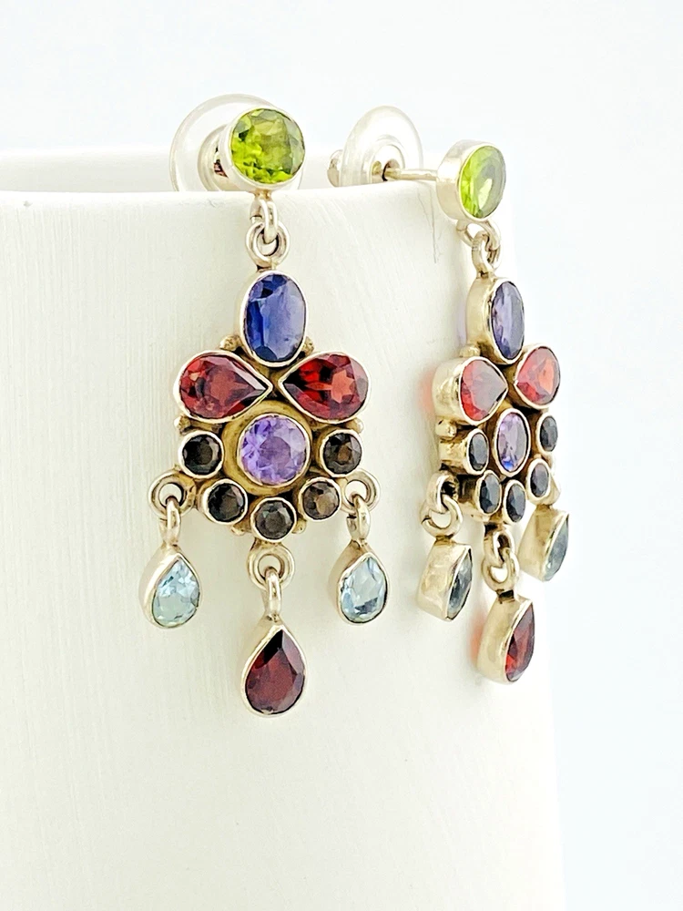 Multi Gemstone Sterling Silver Chandelier Earrings Topaz Garnet Peridot Amethyst