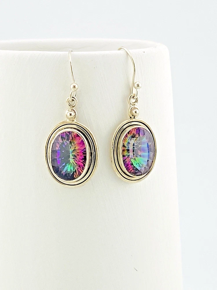 VIVAH Mystic Topaz Sterling Silver Oval Drop Earrings Rainbow Vintage 1990s
