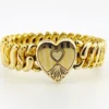 Pitman & Keeler American Queen gold filled expansion bracelet with alternating polished and patterned links and a pinstriped, engraved heart centerpiece.