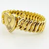 Pitman & Keeler American Queen gold filled expansion bracelet with alternating polished and patterned links and a pinstriped, engraved heart centerpiece.