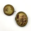 Two antique gold-tone rope-border brooches: a round faded portrait of a woman and an oval tintype portrait of a young child.