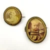 Two antique gold-tone rope-border brooches: a round faded portrait of a woman and an oval tintype portrait of a young child.