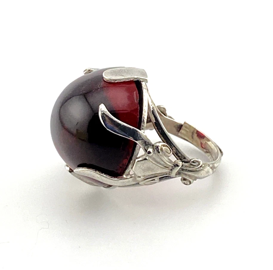 Vintage Sterling Silver Red Glass Cabochon Ring Fleur de Lis Adjustable Size 5