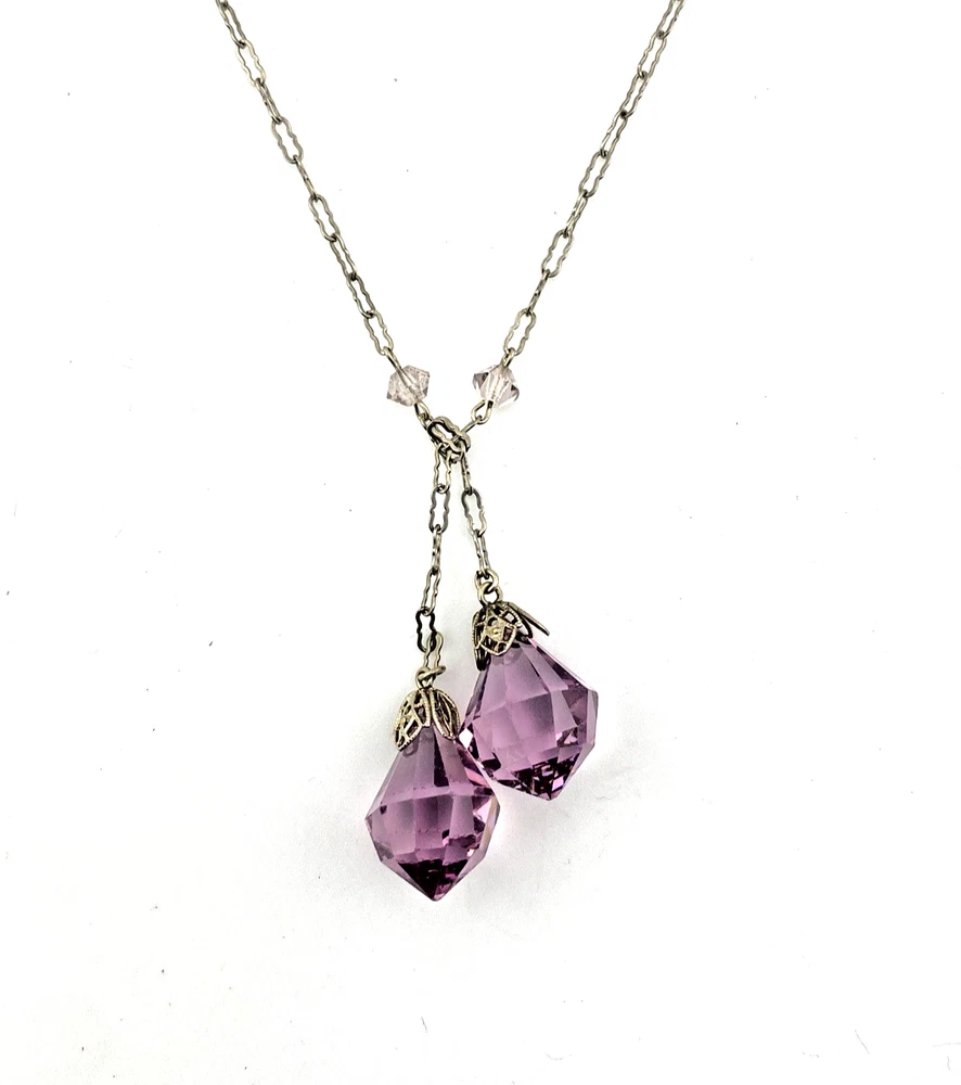 Vintage Sterling Silver Lariat with Faceted Amethyst Glass Drops