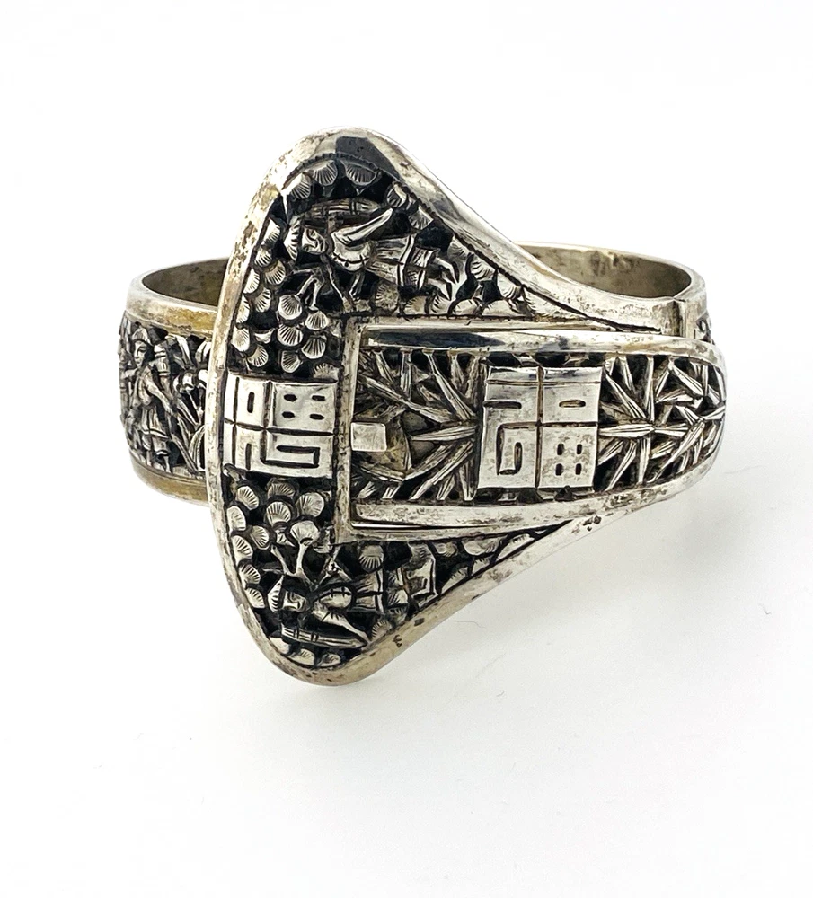 Vintage Chinese Export Sterling Silver Figural Buckle Bracelet