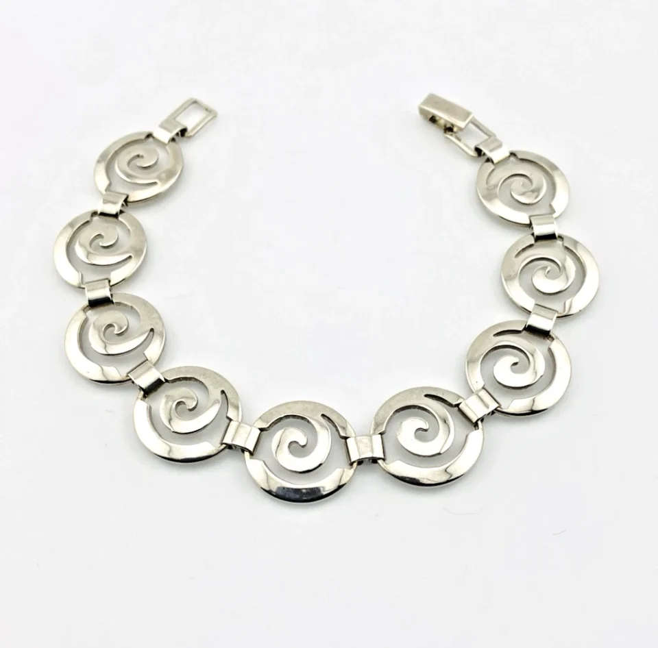 Vintage Sterling Silver Spiral Swirl Link Bracelet 7.25 Inches Fold Over Clasp