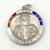 Vintage sterling silver Catholic protection medal with red, white and blue enamel and devotional imagery on both sides.
