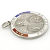 Vintage sterling silver Catholic protection medal with red, white and blue enamel and devotional imagery on both sides.