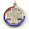 Chapel sterling silver four-way swivel medal with patriotic enamel, devotional figures and a personal inscription dated 1967.