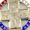 Chapel sterling silver four-way swivel medal with patriotic enamel, devotional figures and a personal inscription dated 1967.