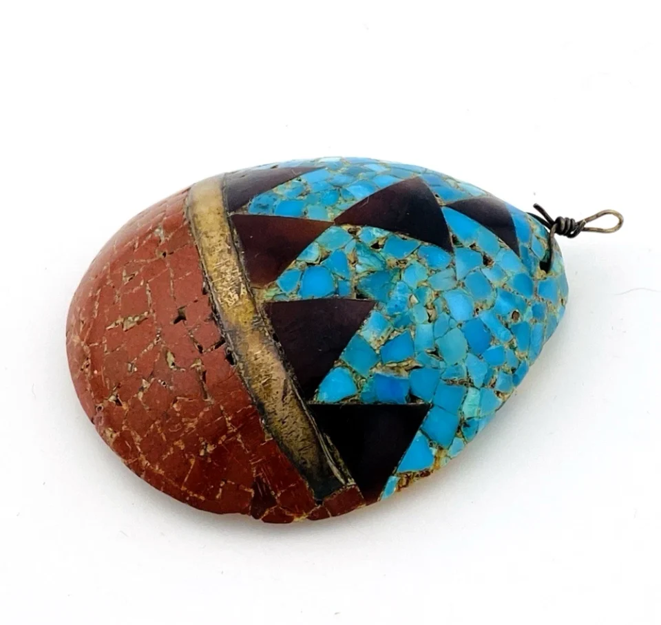 Vintage Santo Domingo Kewa Pueblo Style Shell Pendant with Turquoise, Jasper, and Pipestone mosaic inlay.