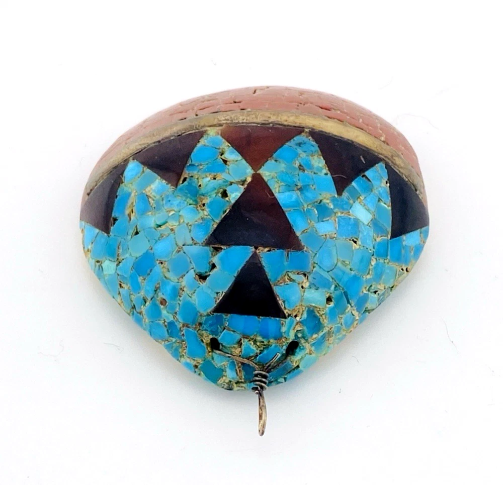 Vintage Santo Domingo Kewa Pueblo Style Shell Pendant with Turquoise, Jasper, and Pipestone mosaic inlay.