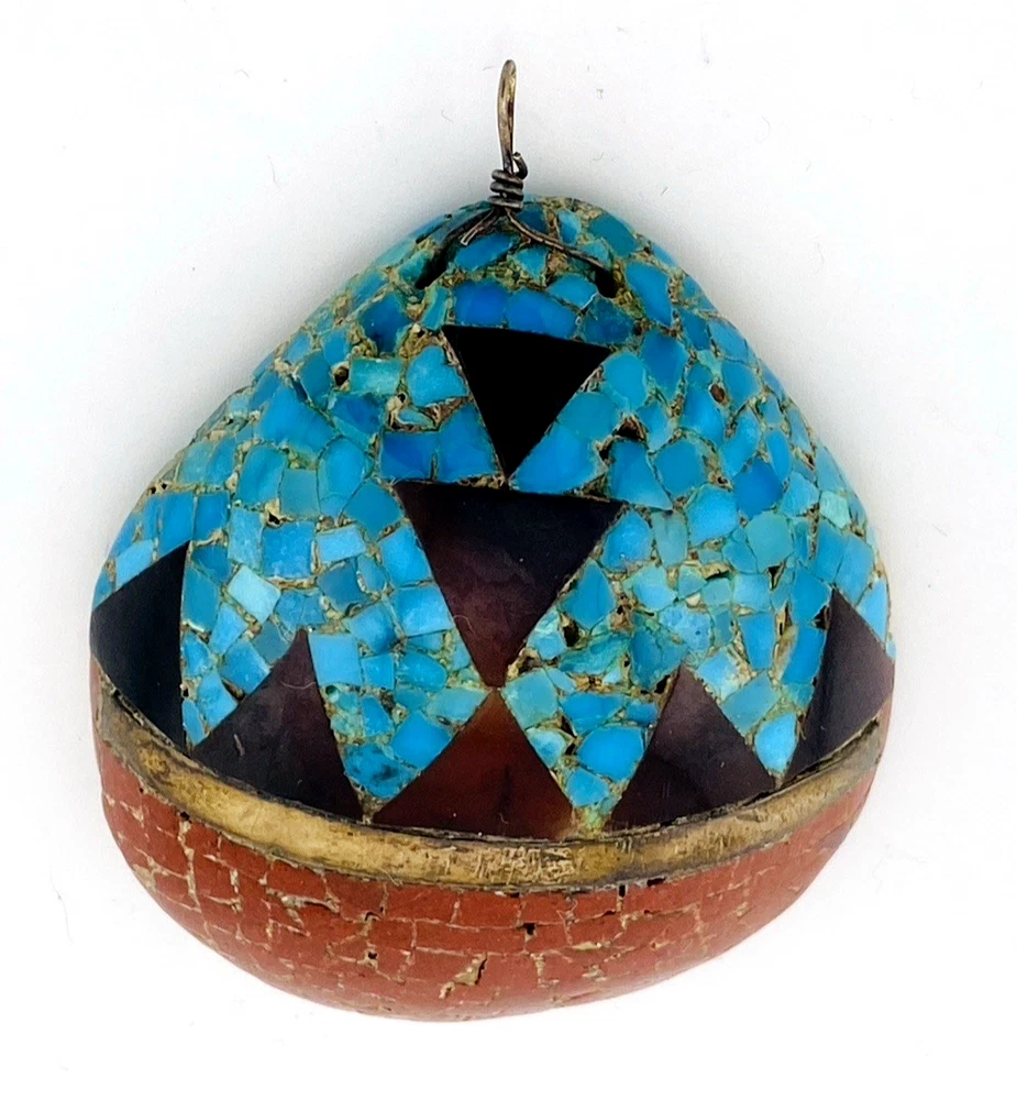 Vintage Santo Domingo Kewa Pueblo Style Shell Pendant with Turquoise, Jasper, and Pipestone mosaic inlay.