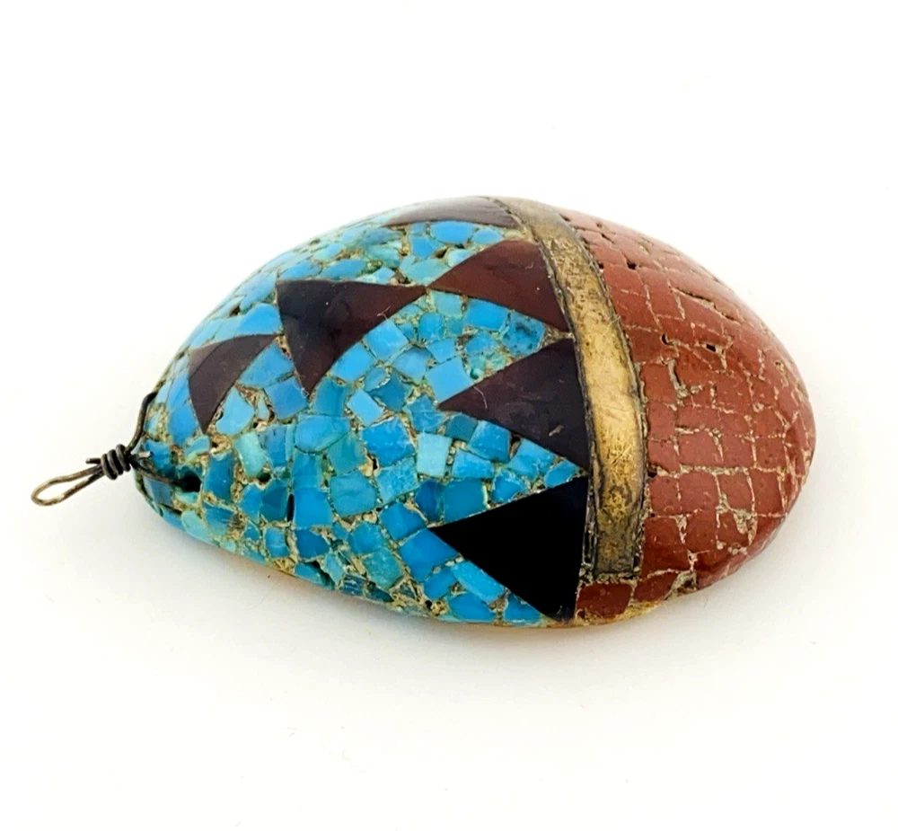 Vintage Santo Domingo Kewa Pueblo Style Shell Pendant with Turquoise, Jasper, and Pipestone mosaic inlay.