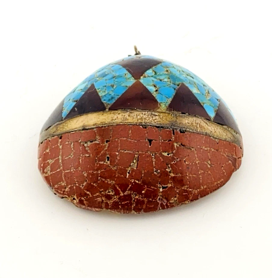 Vintage Santo Domingo Kewa Pueblo Style Shell Pendant with Turquoise, Jasper, and Pipestone mosaic inlay.