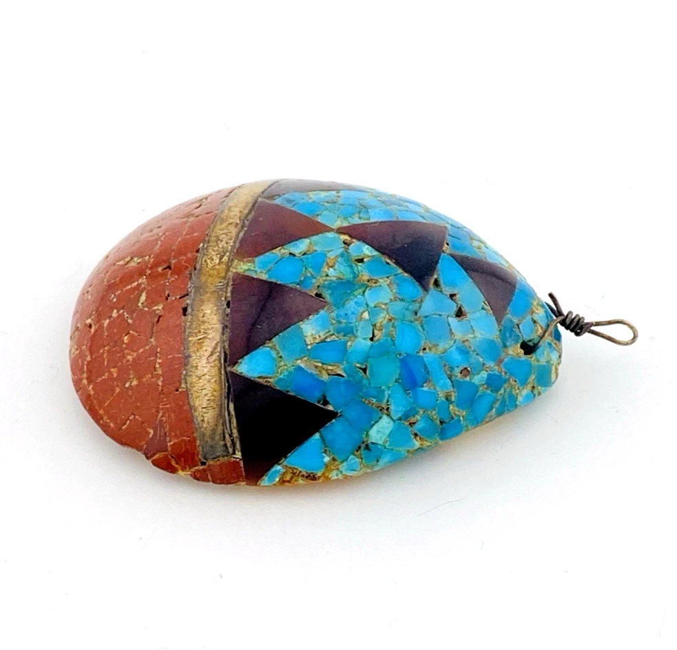 Vintage Santo Domingo Kewa Pueblo Style Shell Pendant with Turquoise, Jasper, and Pipestone mosaic inlay.