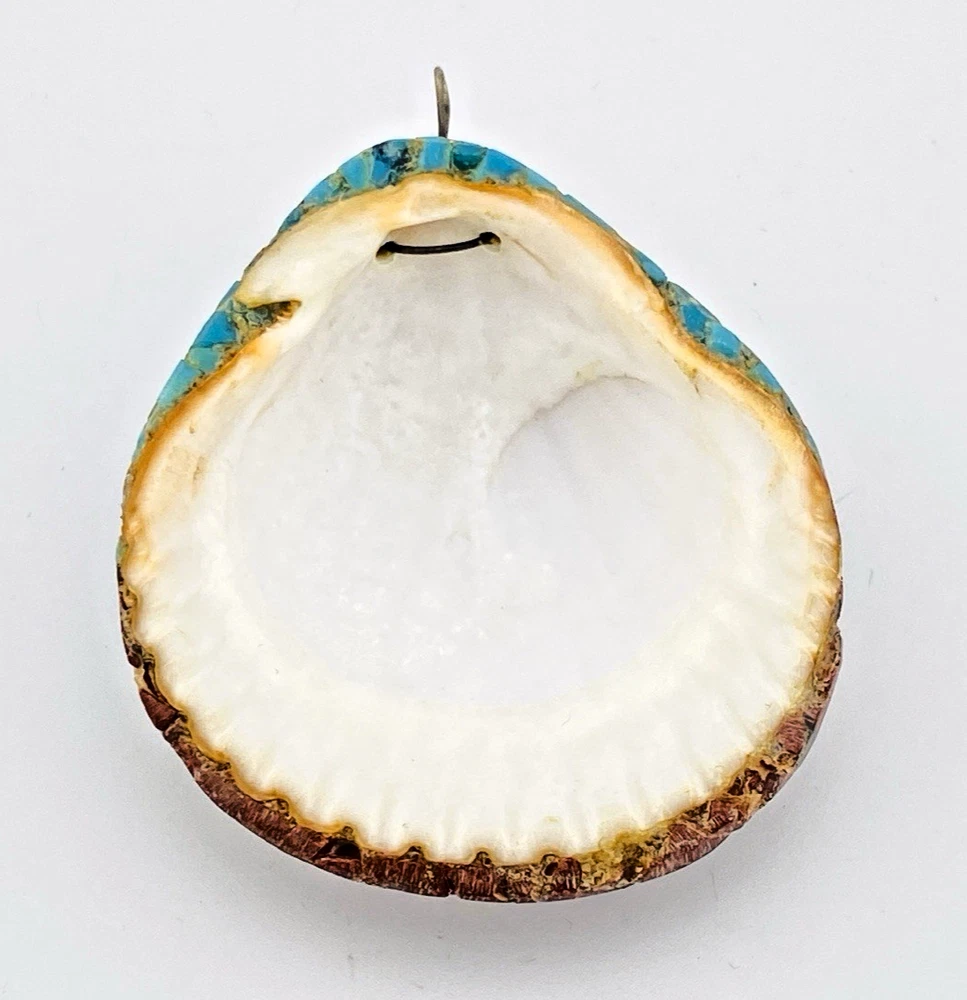 Vintage Santo Domingo Kewa Pueblo Style Shell Pendant with Turquoise, Jasper, and Pipestone mosaic inlay.