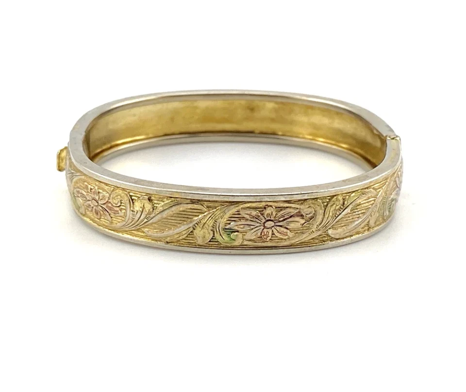 Childs Size Gold Tone Engraved Clamper Bangle Bracelet Floral Size 5
