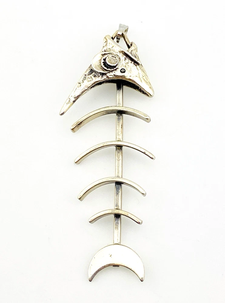 Vintage Sterling Silver Articulated Fish Skeleton Pendant Brutalist 2.75"
