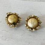 Vintage DeMario Faux Pearl Rhinestone Clip On Earrings Filigree