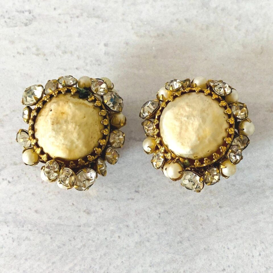Vintage DeMario Faux Pearl Rhinestone Clip On Earrings Filigree