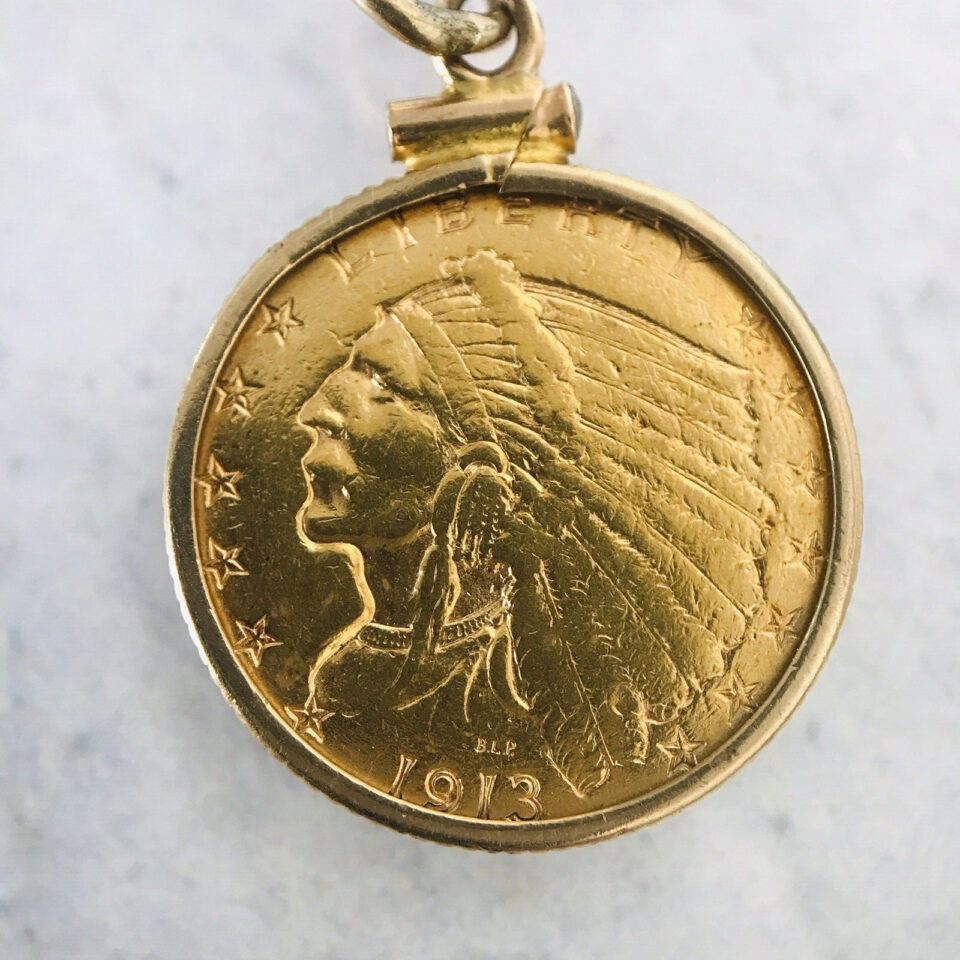 Authentic 1913 US Indian Head $2.50 Gold Coin Pendant 14k Frame 90% Pure US Coin