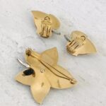 Vintage Boucher Op Art Brooch Earrings Set Gold Tone Turquoise Leaves Signed 50s