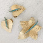 Vintage Boucher Op Art Brooch Earrings Set Gold Tone Turquoise Leaves Signed 50s