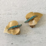 Vintage Boucher Op Art Brooch Earrings Set Gold Tone Turquoise Leaves Signed 50s